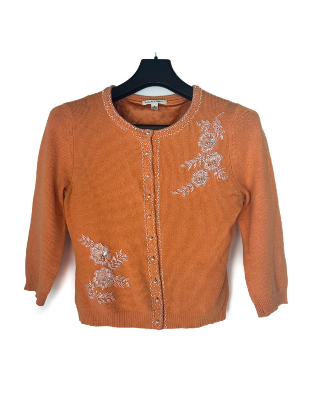 VTG Banana Republic Beaded Cardigan Sweater M Orange Angora Silk Old Money Y2K